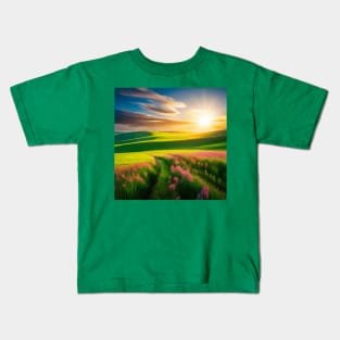 Grassy Meadow with Pink Wildflowers Nature Landscape Kids T-Shirt